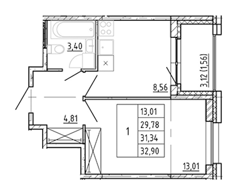 1-комнатная квартира 29.78 м², 3/12 эт., ЖК «Полис Новоселье»